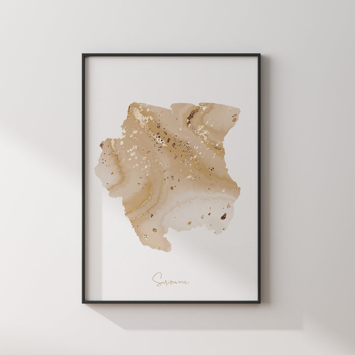 Suriname Map Beige and Gold Wall Art Print