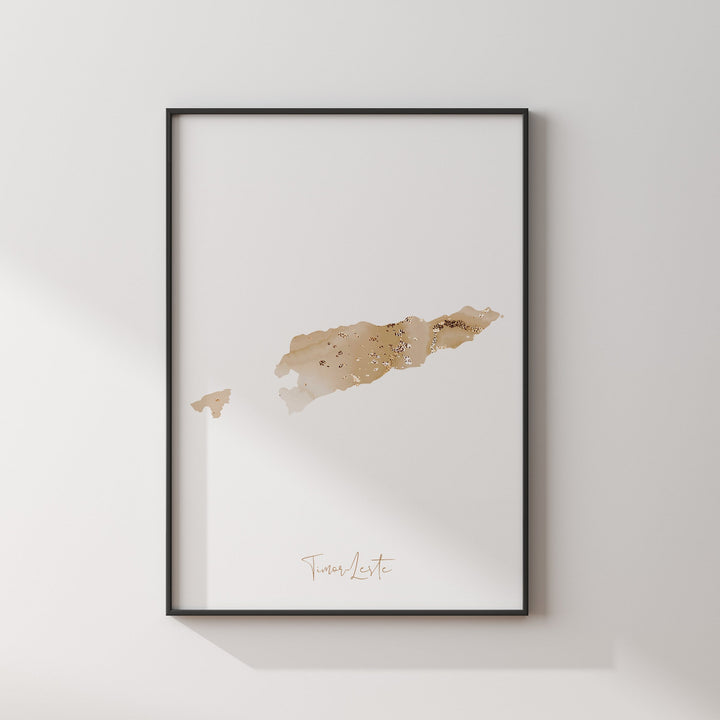 Timor-Leste Map Beige and Gold Wall Art Print