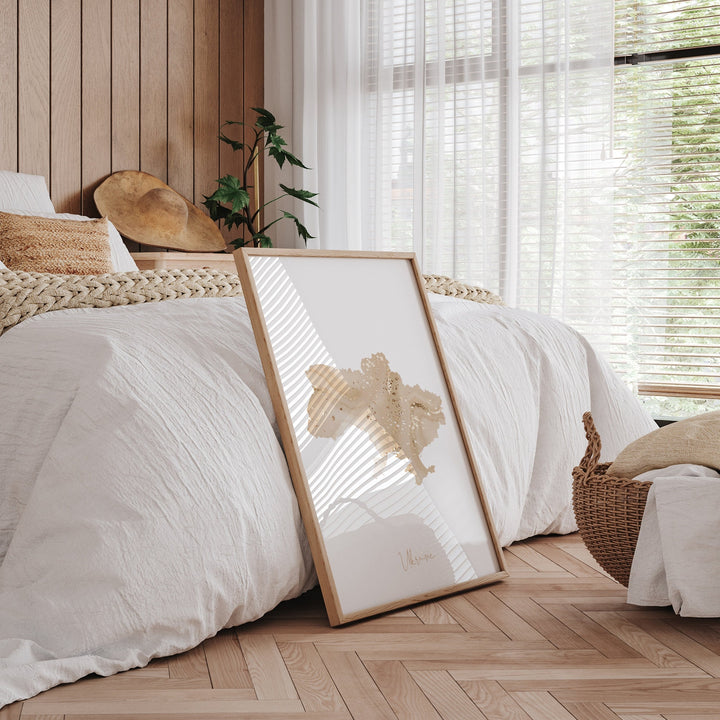 Ukraine Map Beige and Gold Wall Art Print