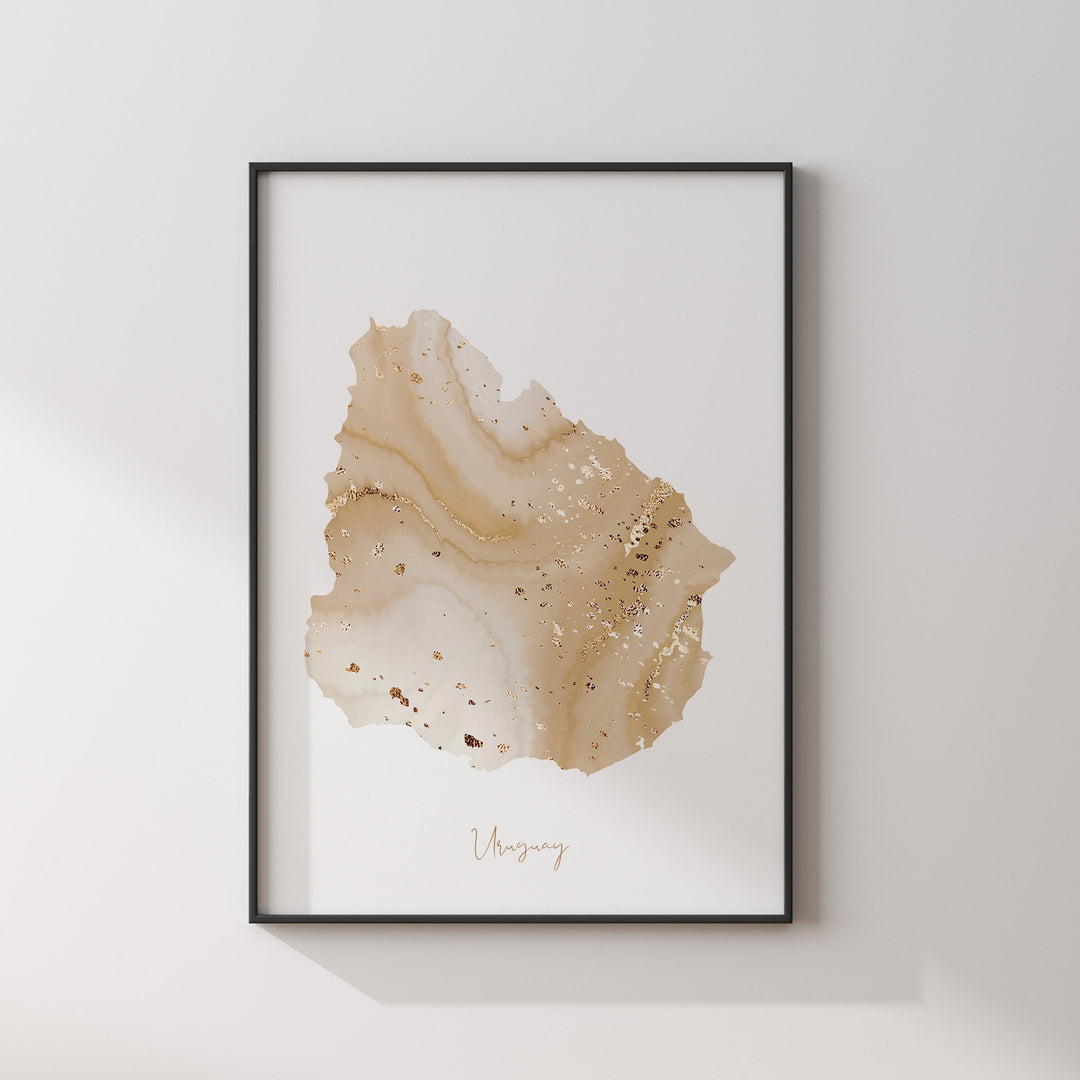 Uruguay Map Beige and Gold Wall Art Print