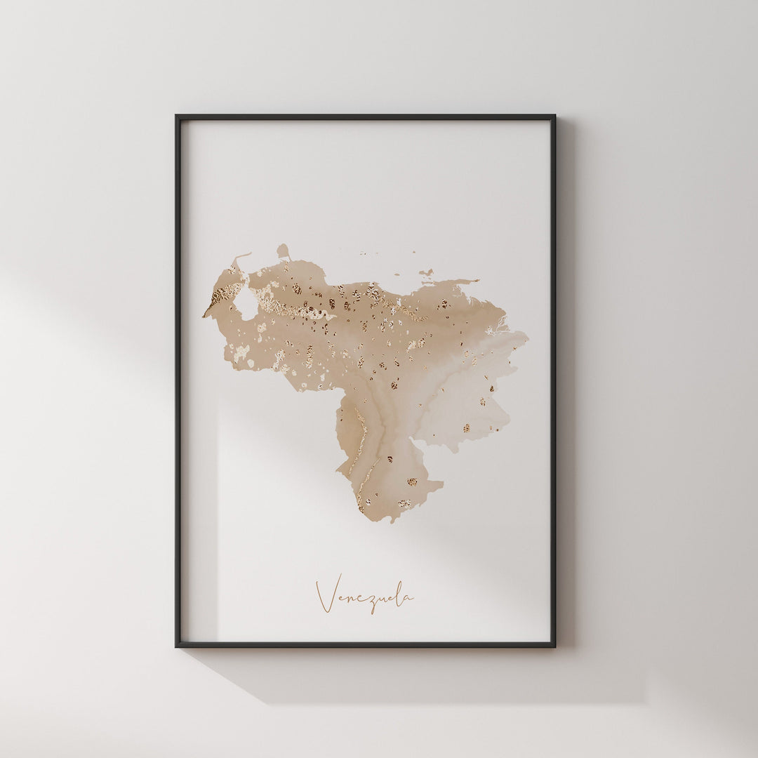 Venezuela Map Beige and Gold Wall Art Print