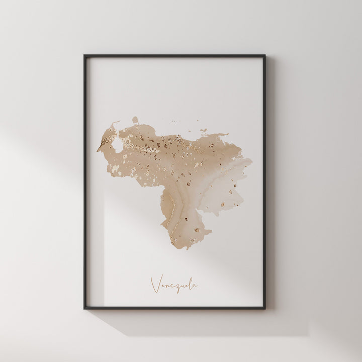 Venezuela Map Beige and Gold Wall Art Print