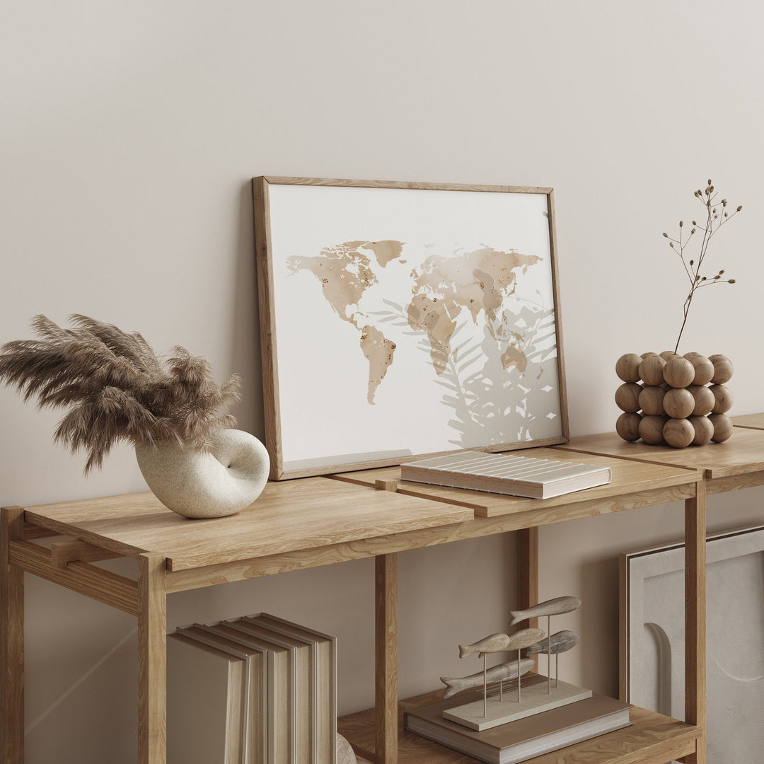 World Map Beige and Gold Wall Art Print | Map of The World