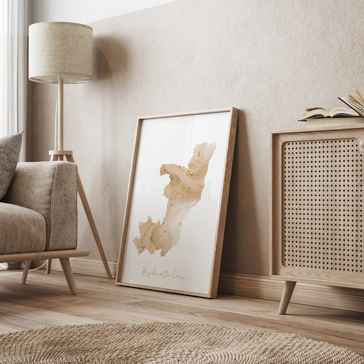 Republic of the Congo Map Beige & Gold Wall Art Print