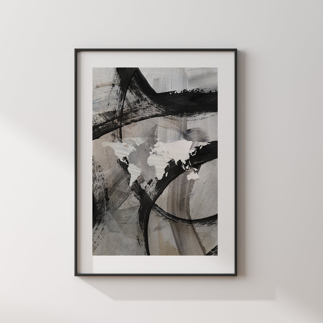 World Map | Black Grey Abstract Painting Map of The World Wall Art Print | Traval Poster