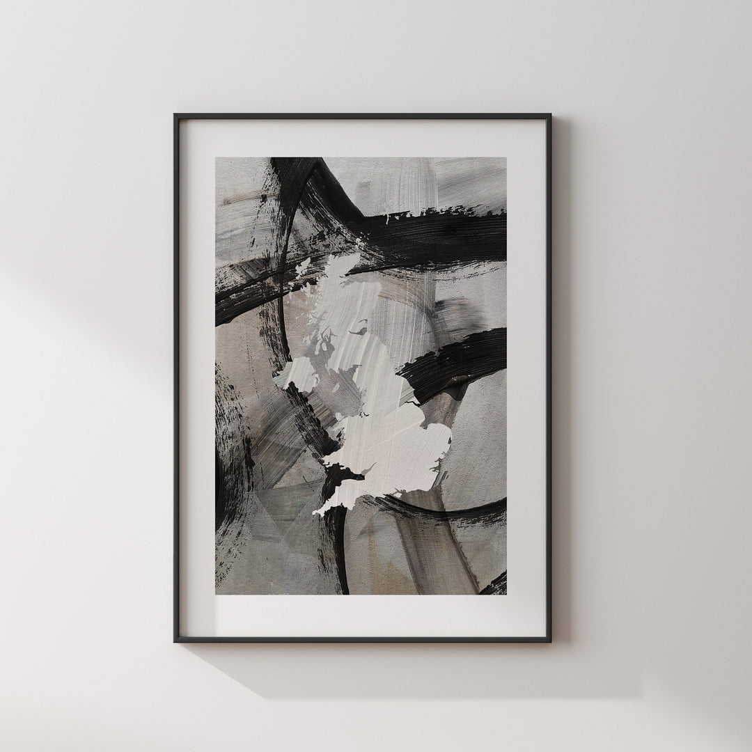 United Kingdom Map | Black & Grey Abstract Painting Map of UK Wall Art Print | Great Britain Traval Poster