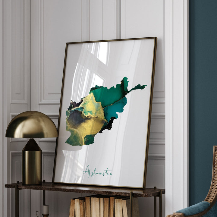Afghanistan Map Emerald Green and Gold Wall Art Print