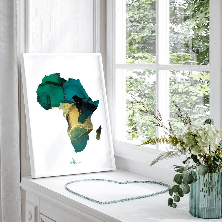 Africa Map Emerald Green and Gold Wall Art Print