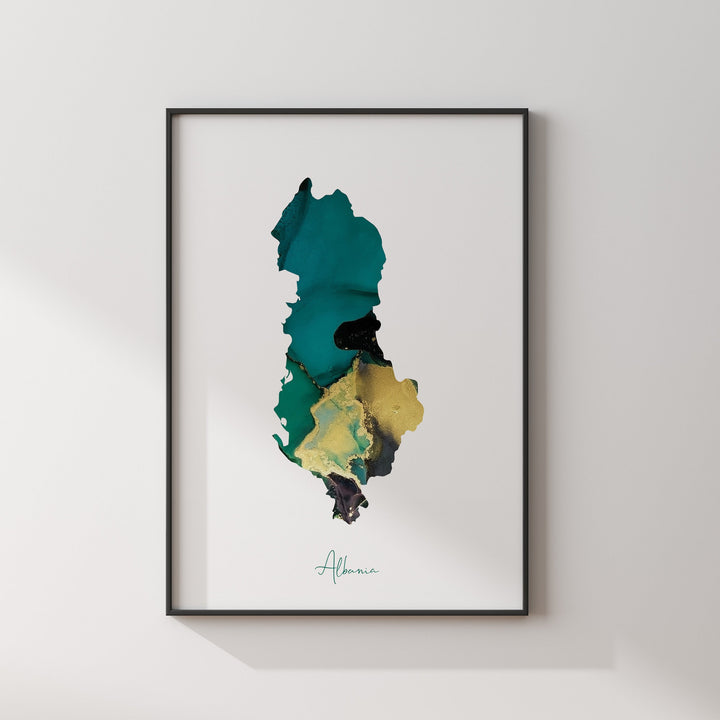 Albania Map Emerald Green and Gold Wall Art Print