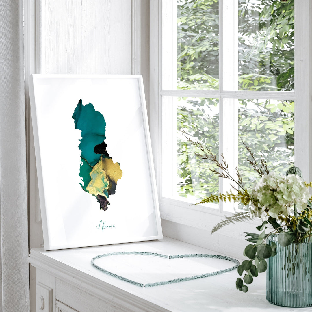 Albania Map Emerald Green and Gold Wall Art Print