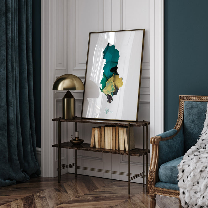 Albania Map Emerald Green and Gold Wall Art Print