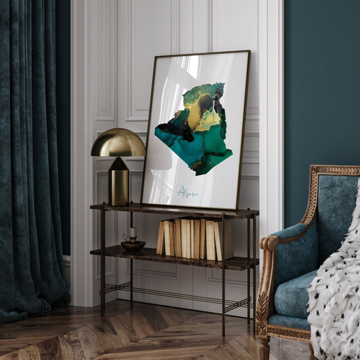 Algeria Map Emerald Green and Gold Wall Art Print