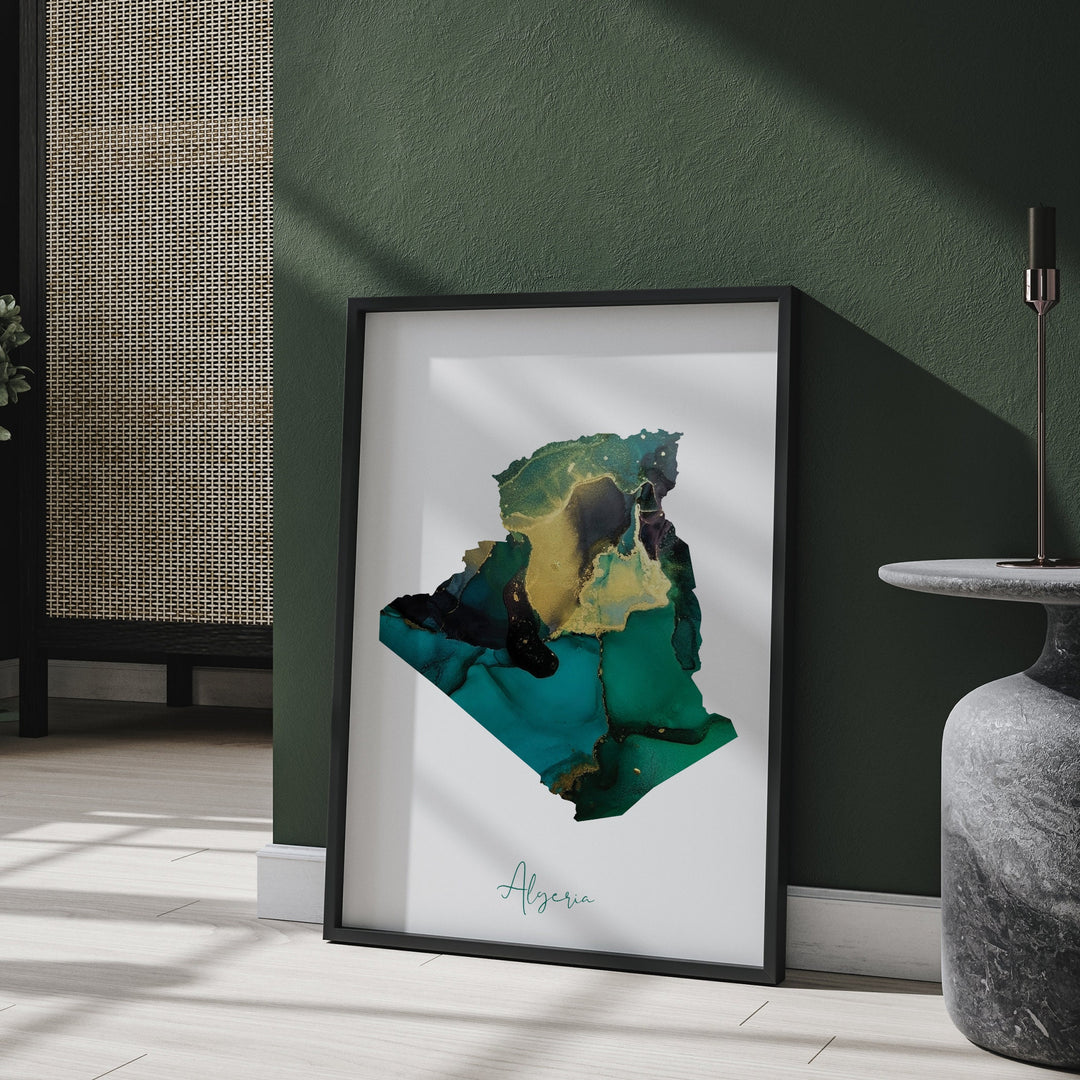 Algeria Map Emerald Green and Gold Wall Art Print