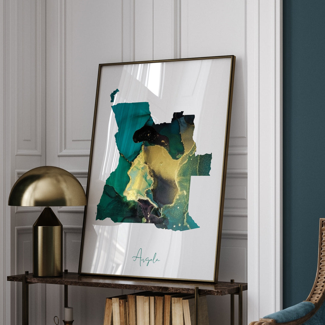 Angola Map Emerald Green and Gold Wall Art Print