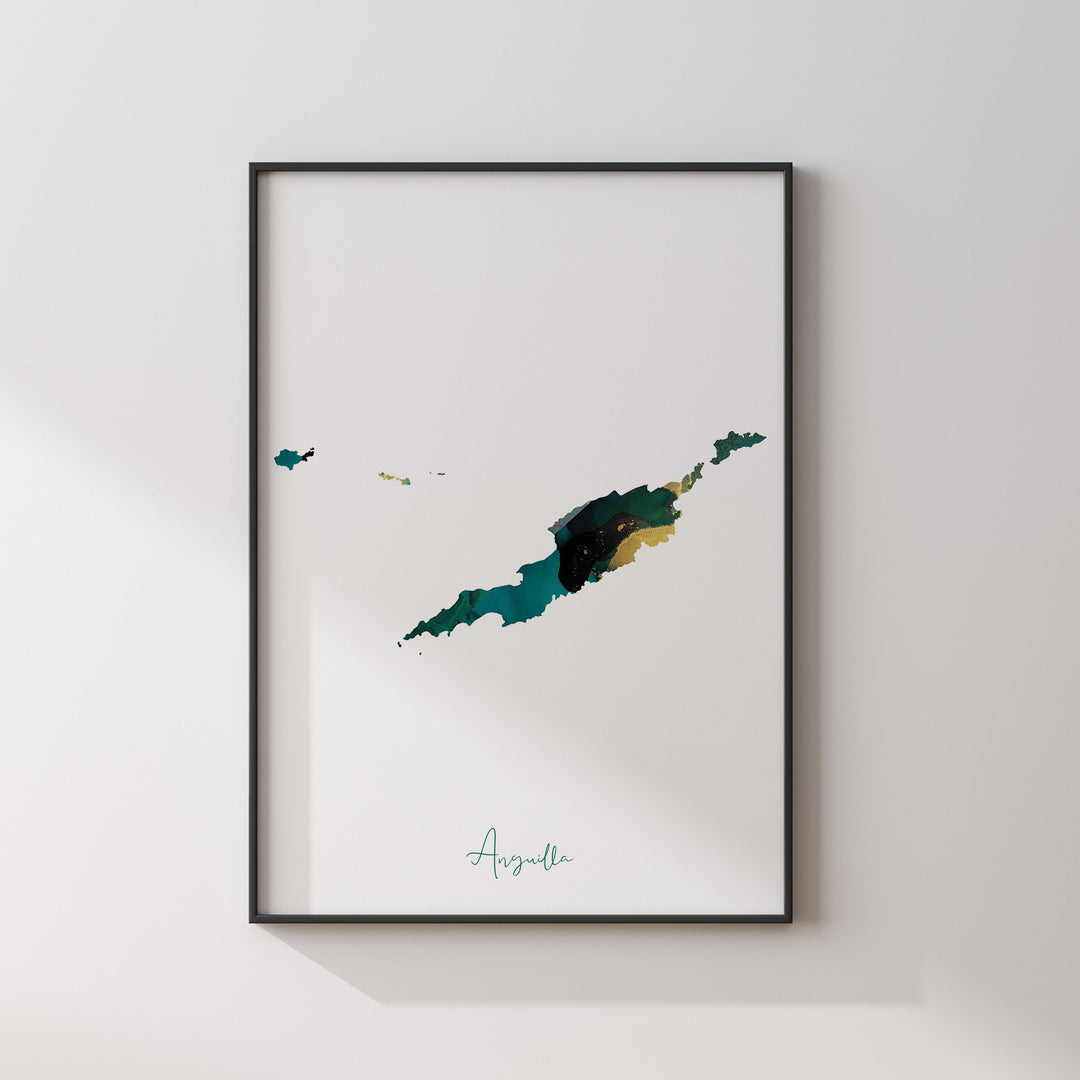Anguilla Map Emerald Green and Gold Wall Art Print