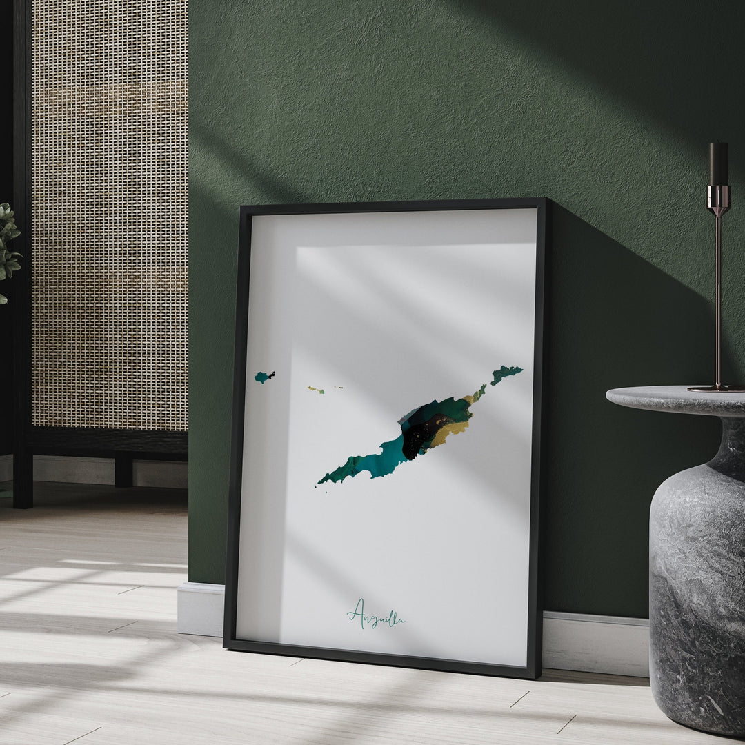 Anguilla Map Emerald Green and Gold Wall Art Print