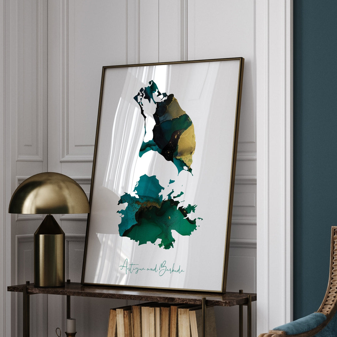 Antigua and Barbuda Map Emerald Green and Gold Wall Art Print