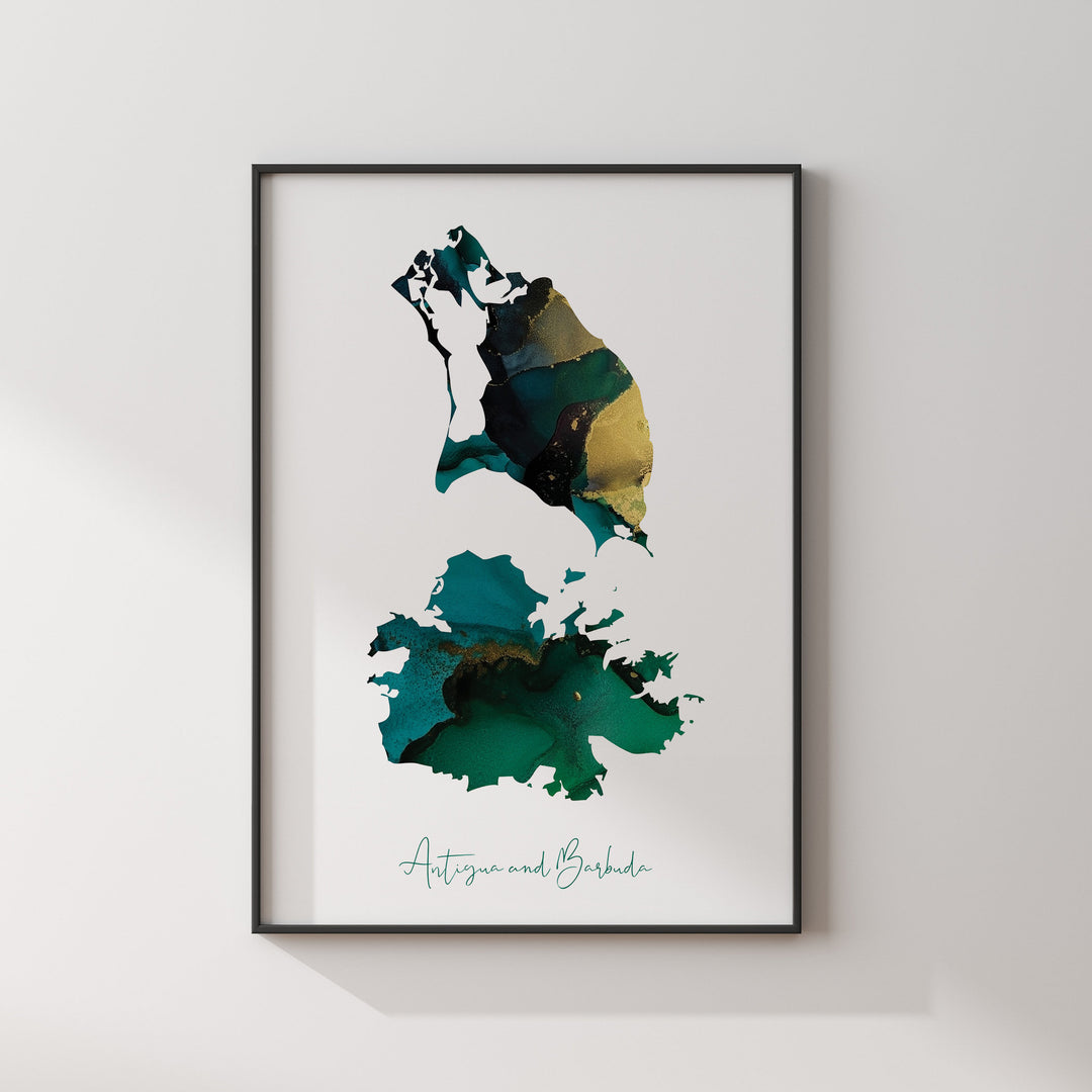 Antigua and Barbuda Map Emerald Green and Gold Wall Art Print