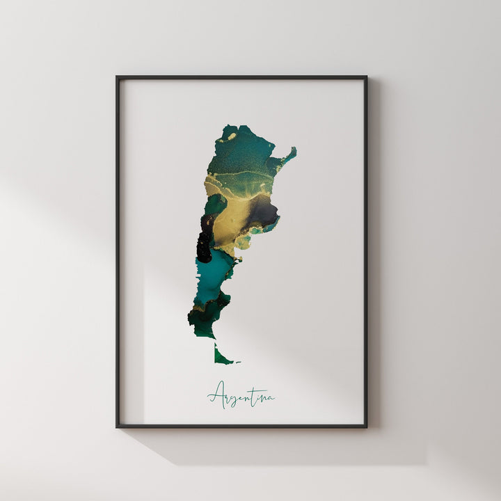 Argentina Map Emerald Green and Gold Wall Art Print
