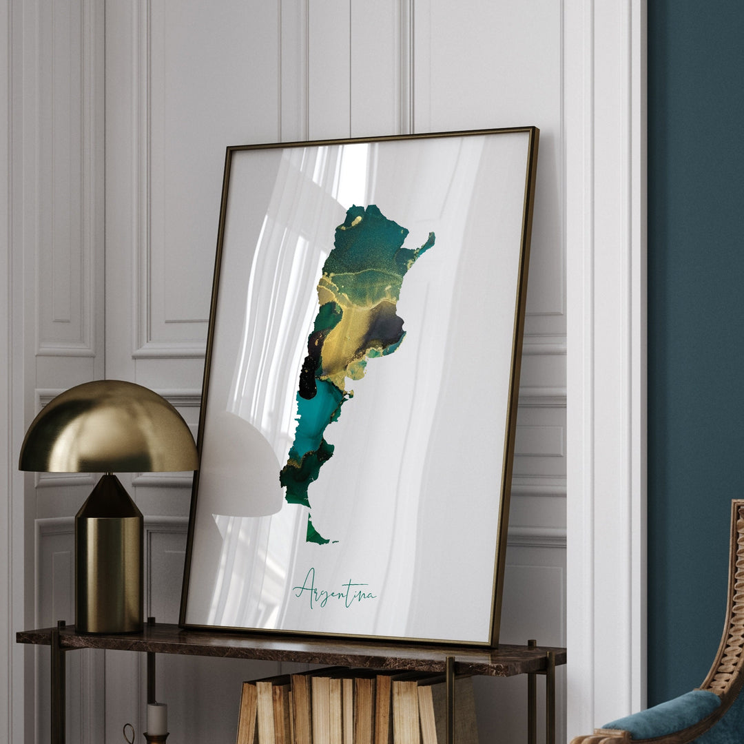Argentina Map Emerald Green and Gold Wall Art Print
