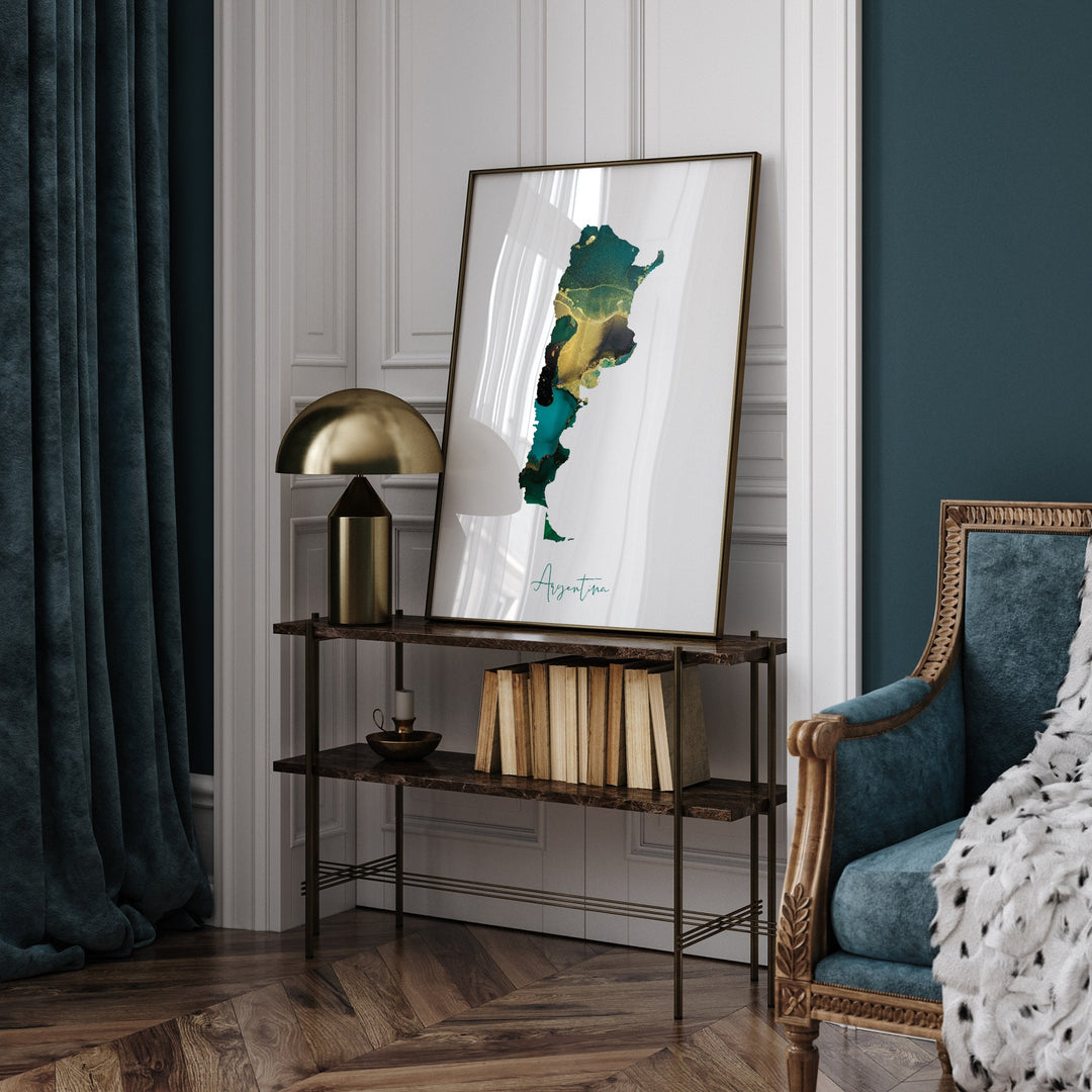 Argentina Map Emerald Green and Gold Wall Art Print