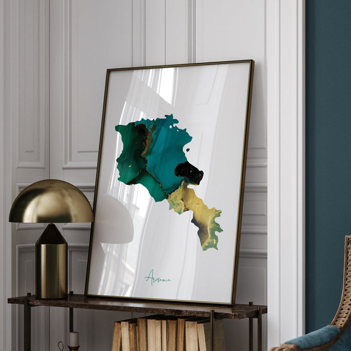 Armenia Map Emerald Green and Gold Wall Art Print
