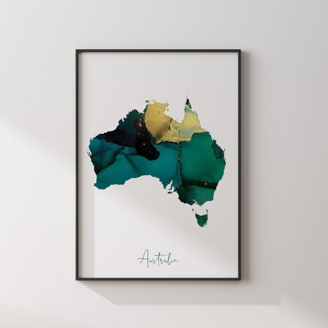Australia Map Emerald Green and Gold Wall Art Print