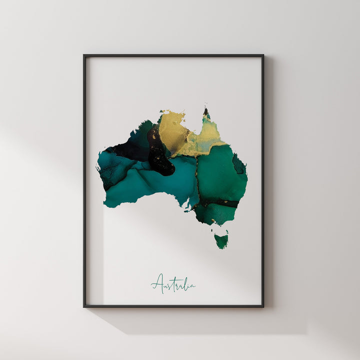 Australia Map Emerald Green and Gold Wall Art Print