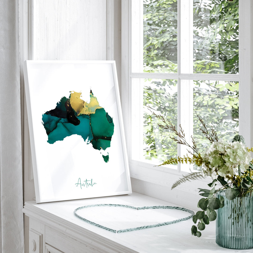 Australia Map Emerald Green and Gold Wall Art Print