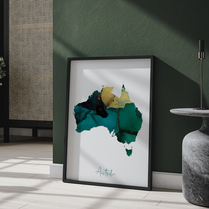 Australia Map Emerald Green and Gold Wall Art Print