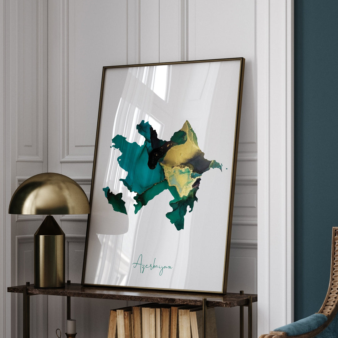 Azerbaijan Map Emerald Green and Gold Wall Art Print