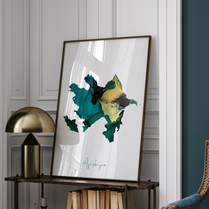 Azerbaijan Map Emerald Green and Gold Wall Art Print