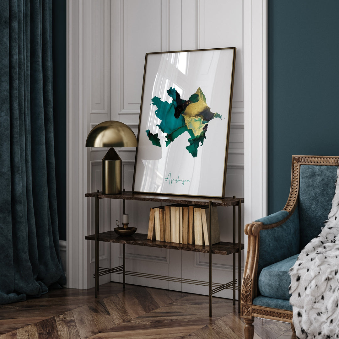 Azerbaijan Map Emerald Green and Gold Wall Art Print