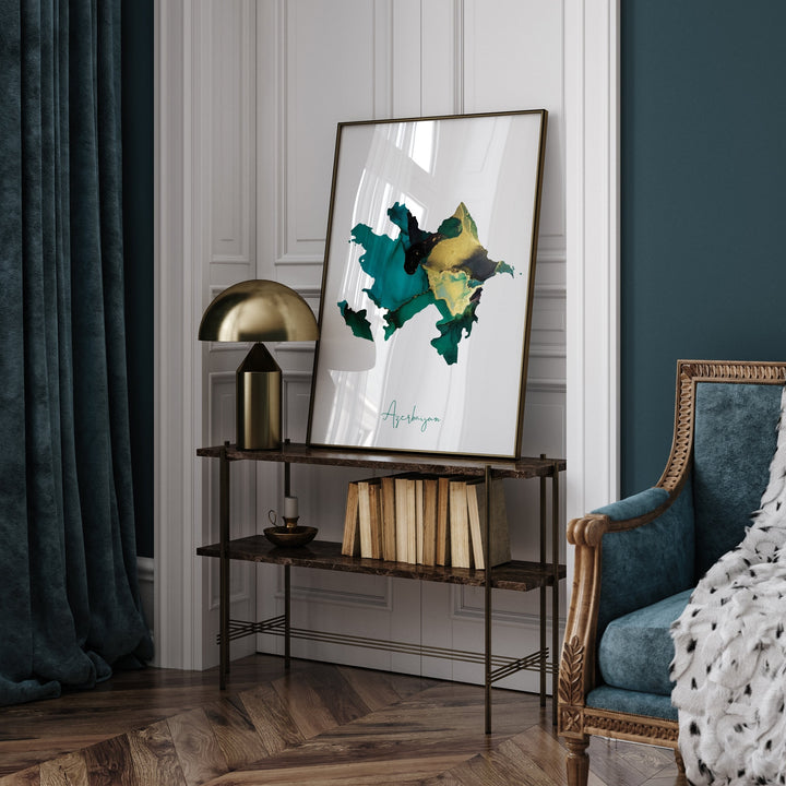 Azerbaijan Map Emerald Green and Gold Wall Art Print