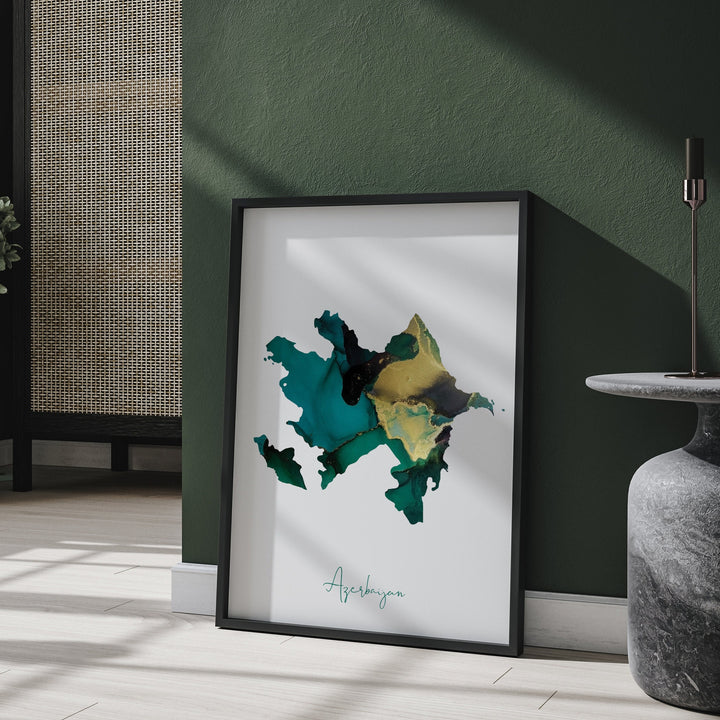 Azerbaijan Map Emerald Green and Gold Wall Art Print