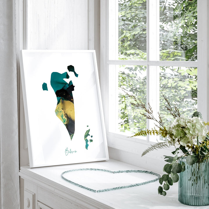 Bahrain Map Emerald Green and Gold Wall Art Print