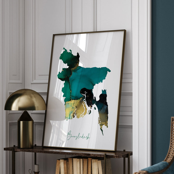 Bangladesh Map Emerald Green and Gold Wall Art Print