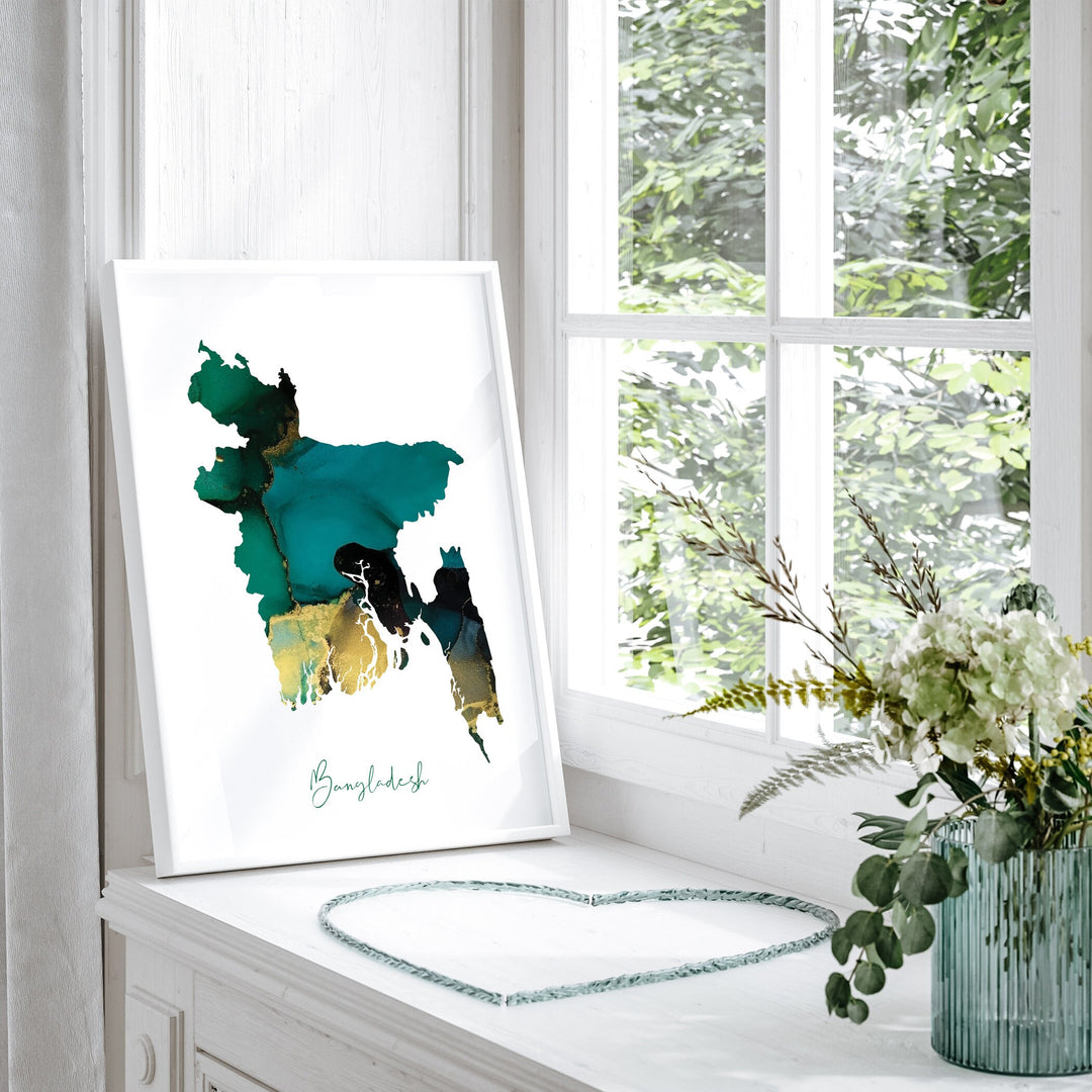 Bangladesh Map Emerald Green and Gold Wall Art Print