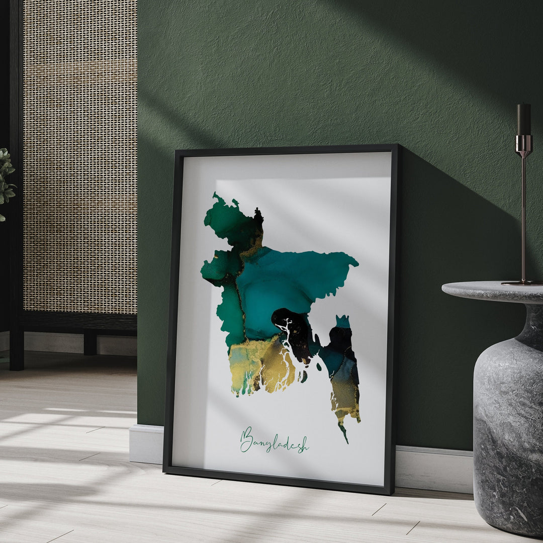 Bangladesh Map Emerald Green and Gold Wall Art Print