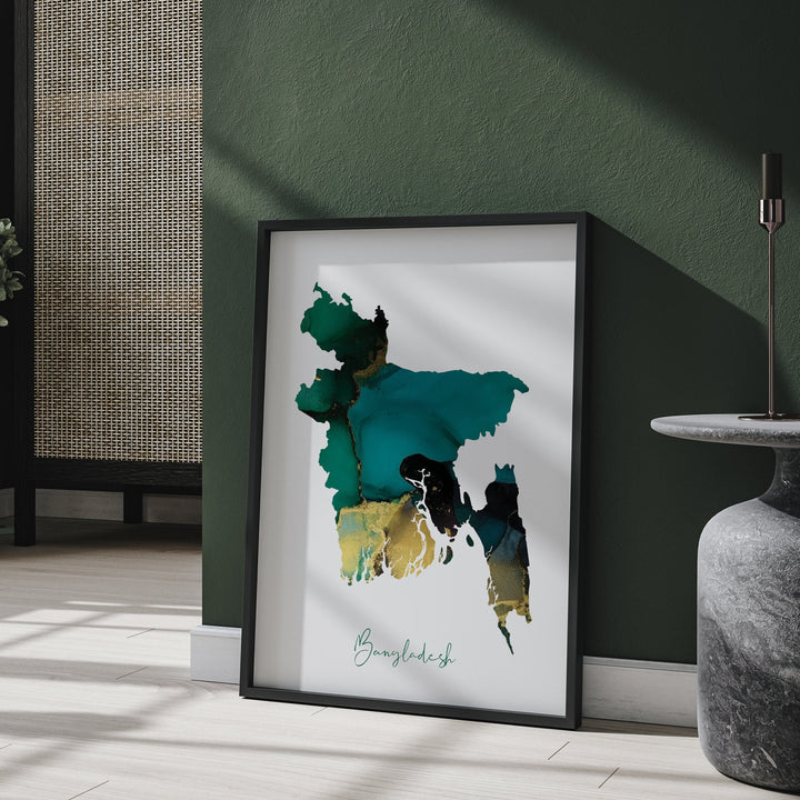 Bangladesh Map Emerald Green and Gold Wall Art Print