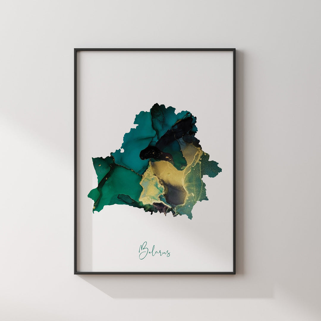 Belarus Map Emerald Green and Gold Wall Art Print