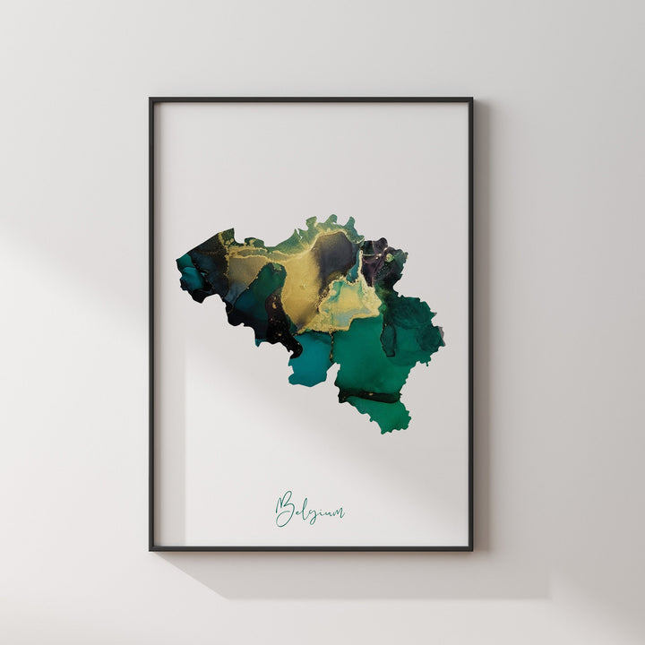 Belgium Map Emerald Green and Gold Wall Art Print