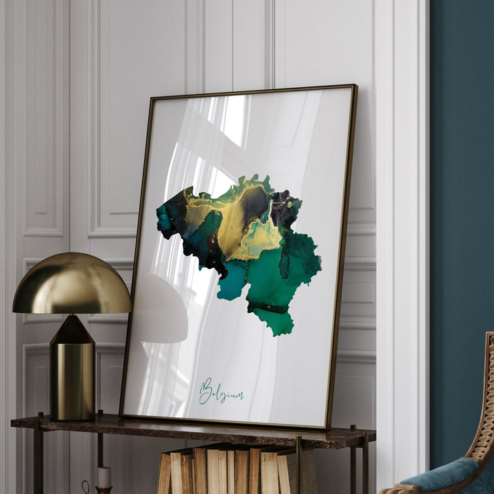 Belgium Map Emerald Green and Gold Wall Art Print