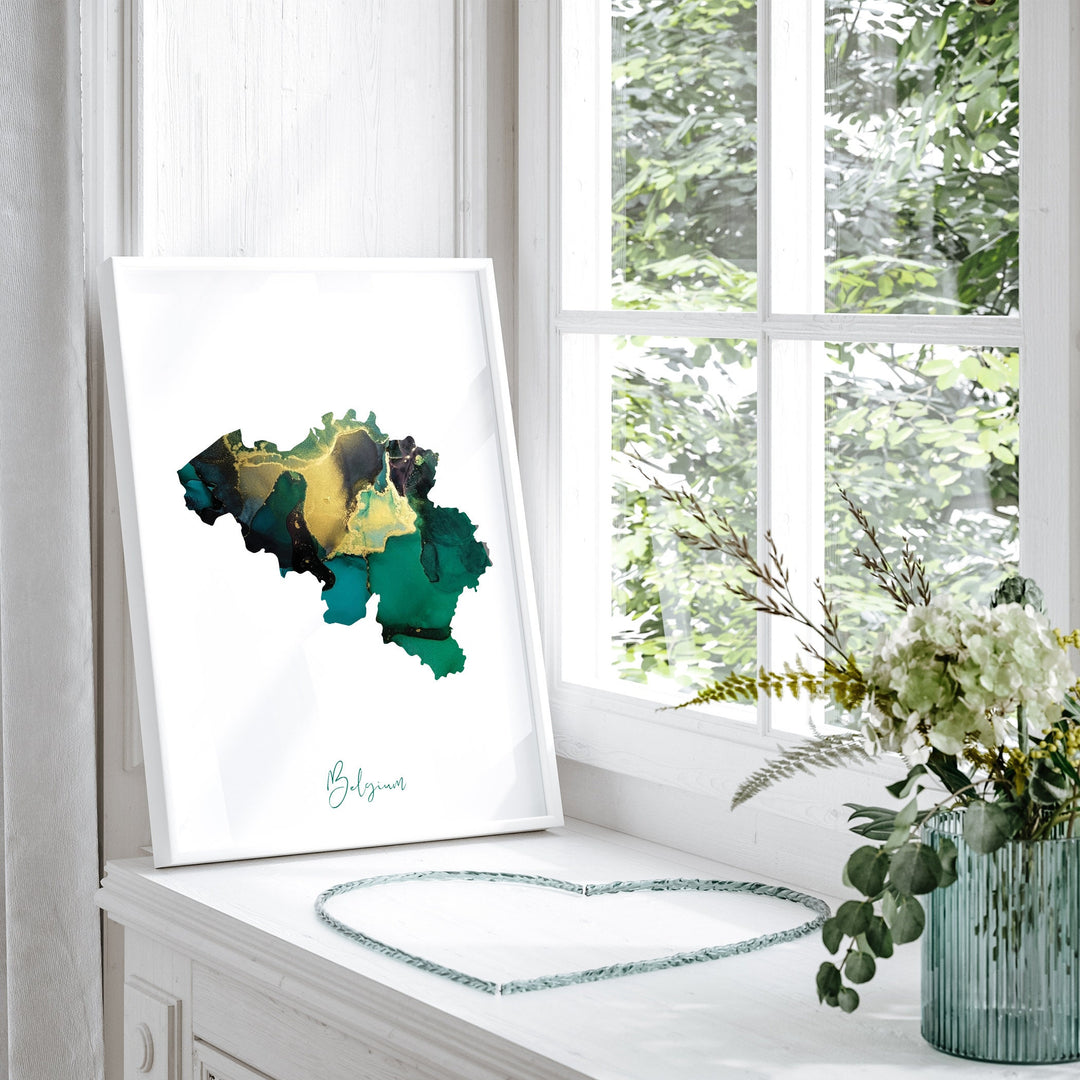 Belgium Map Emerald Green and Gold Wall Art Print