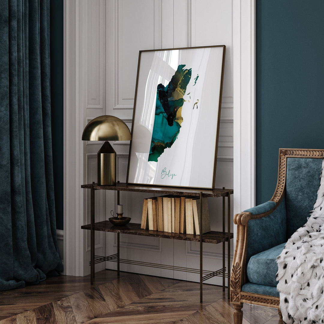 Belize Map Emerald Green and Gold Wall Art Print