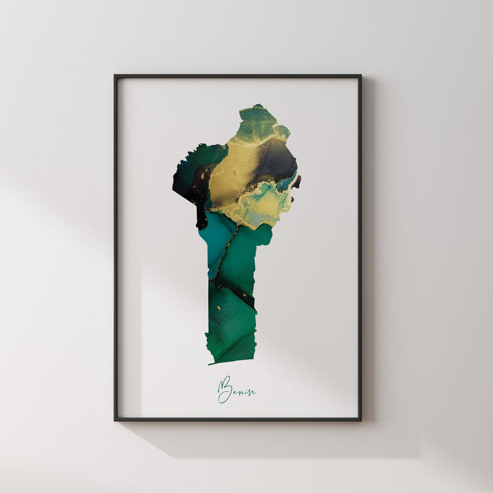Benin Map Emerald Green and Gold Wall Art Print