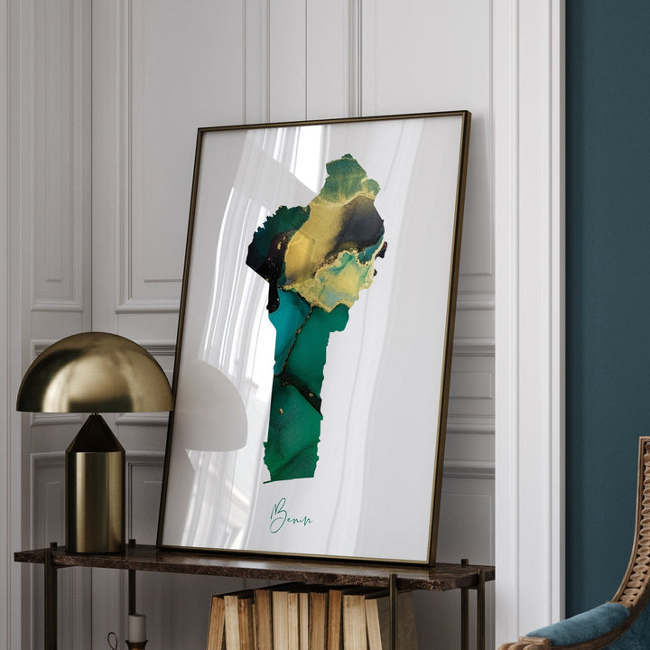 Benin Map Emerald Green and Gold Wall Art Print