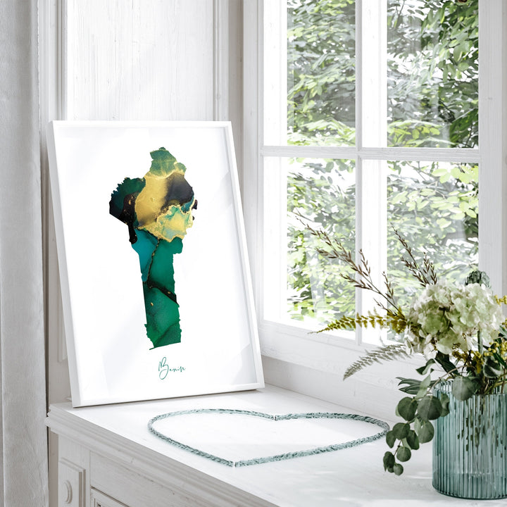 Benin Map Emerald Green and Gold Wall Art Print