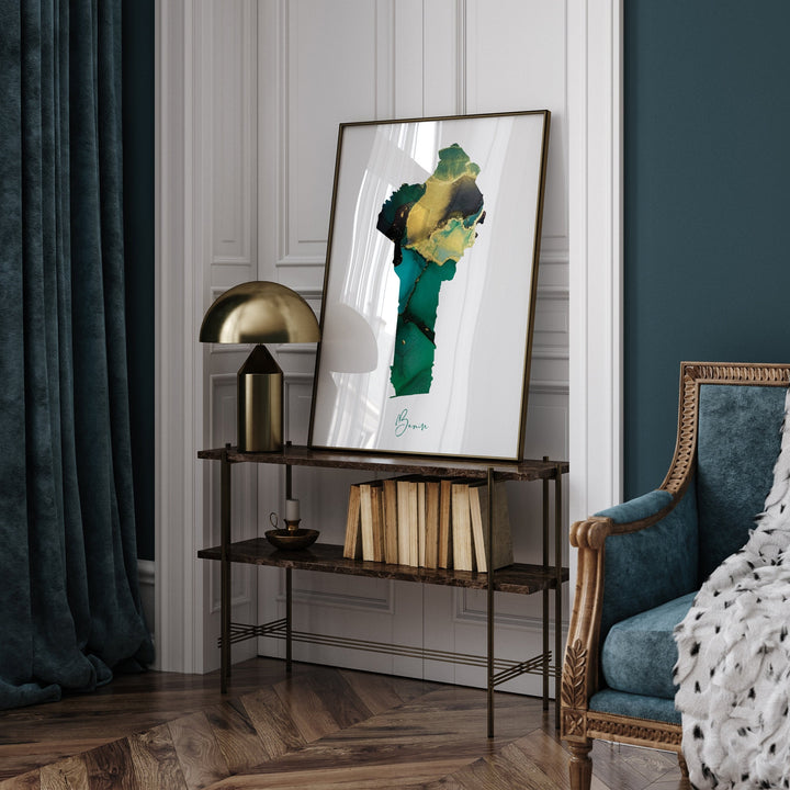 Benin Map Emerald Green and Gold Wall Art Print