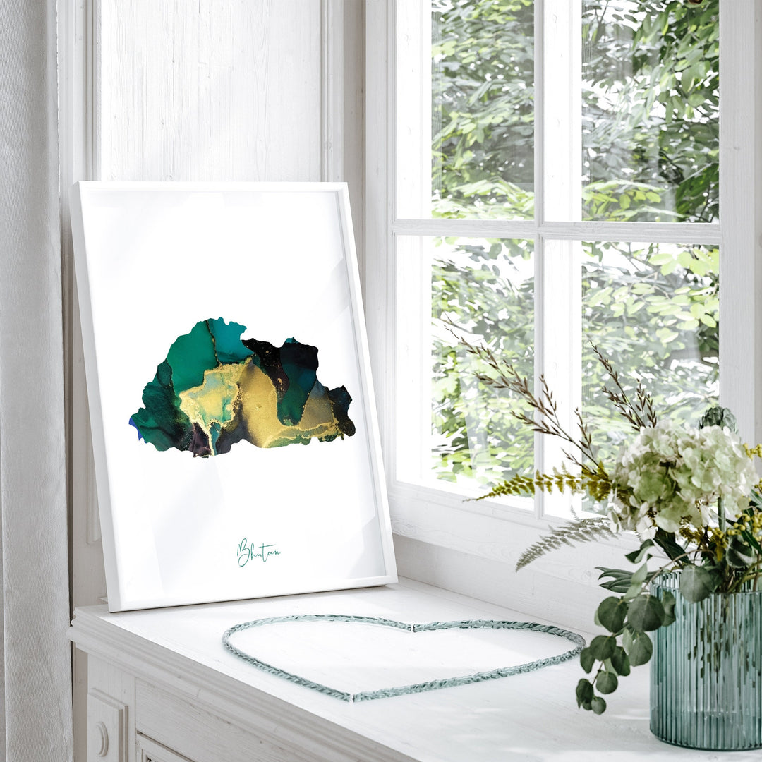 Bhutan Map Emerald Green and Gold Wall Art Print